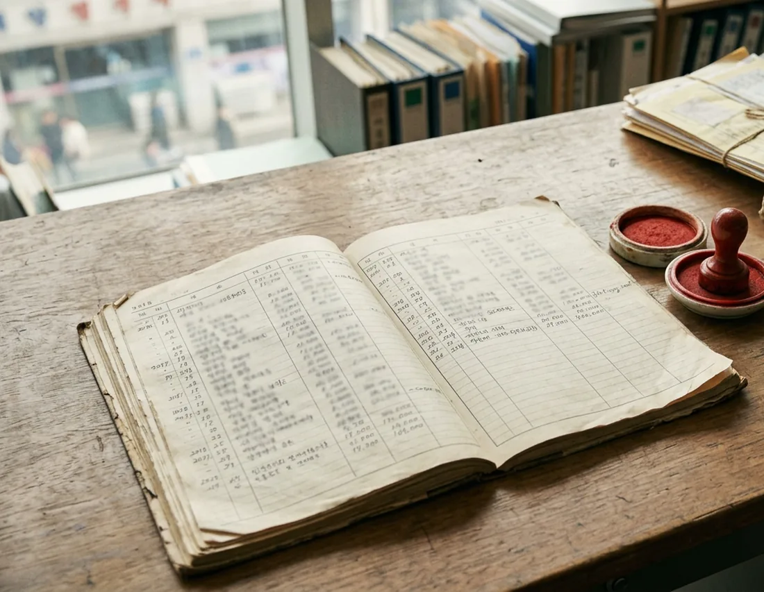 사무 책상 위에 펼쳐진 기입 원장과 붉은 인주, 도장, 끈으로 묶인 서류 뭉치